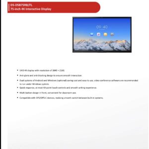 HiK DS-D5B75RB/FL 75" 4K Interactive Smart Board with Wall Bracket